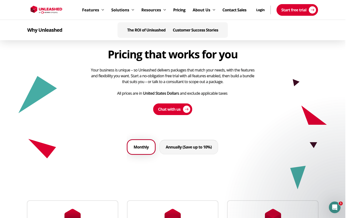 Screenshot of Unleashed's pricing page showing its plans and prices