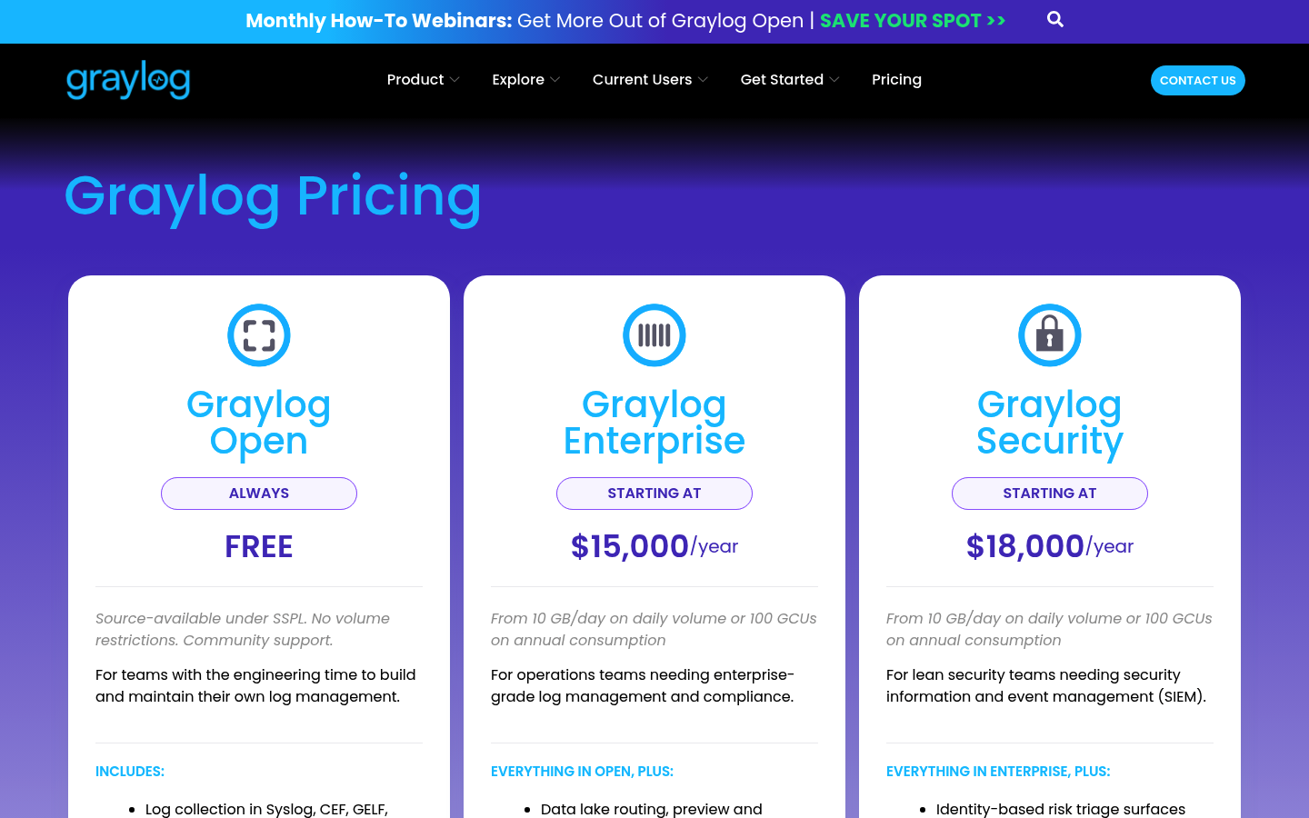 Screenshot of Graylog's pricing page showing its plans and prices