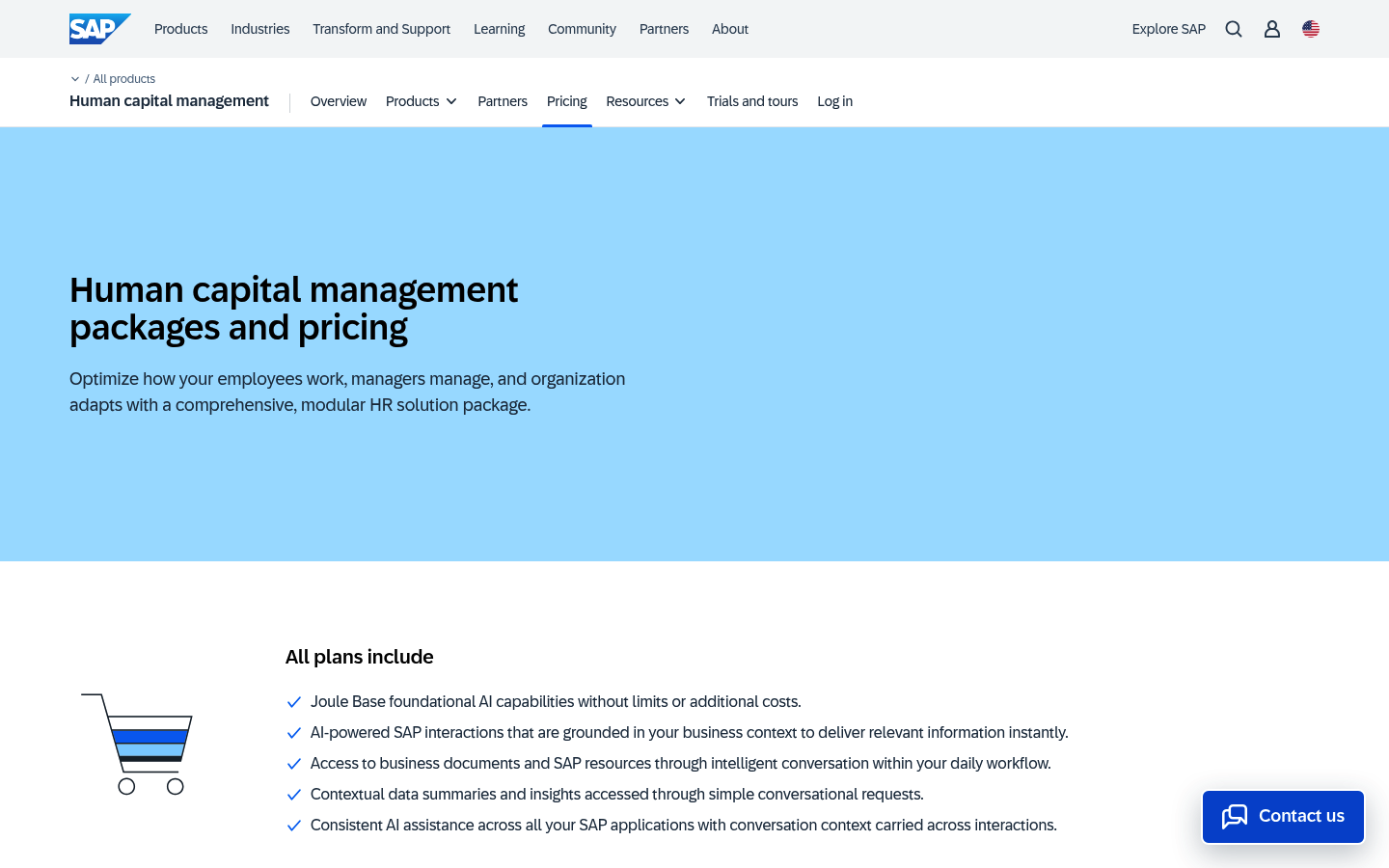 Screenshot of SAP SuccessFactors's pricing page showing its plans and prices