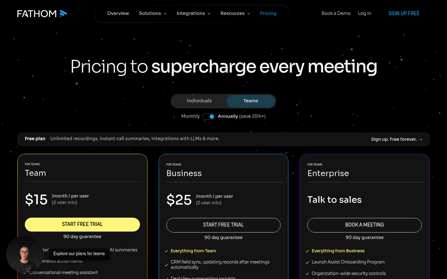 Screenshot of Fathom Notetaker's pricing page showing its plans and prices