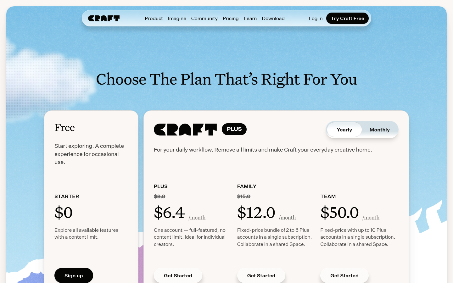 Screenshot of Craft's pricing page showing its plans and prices
