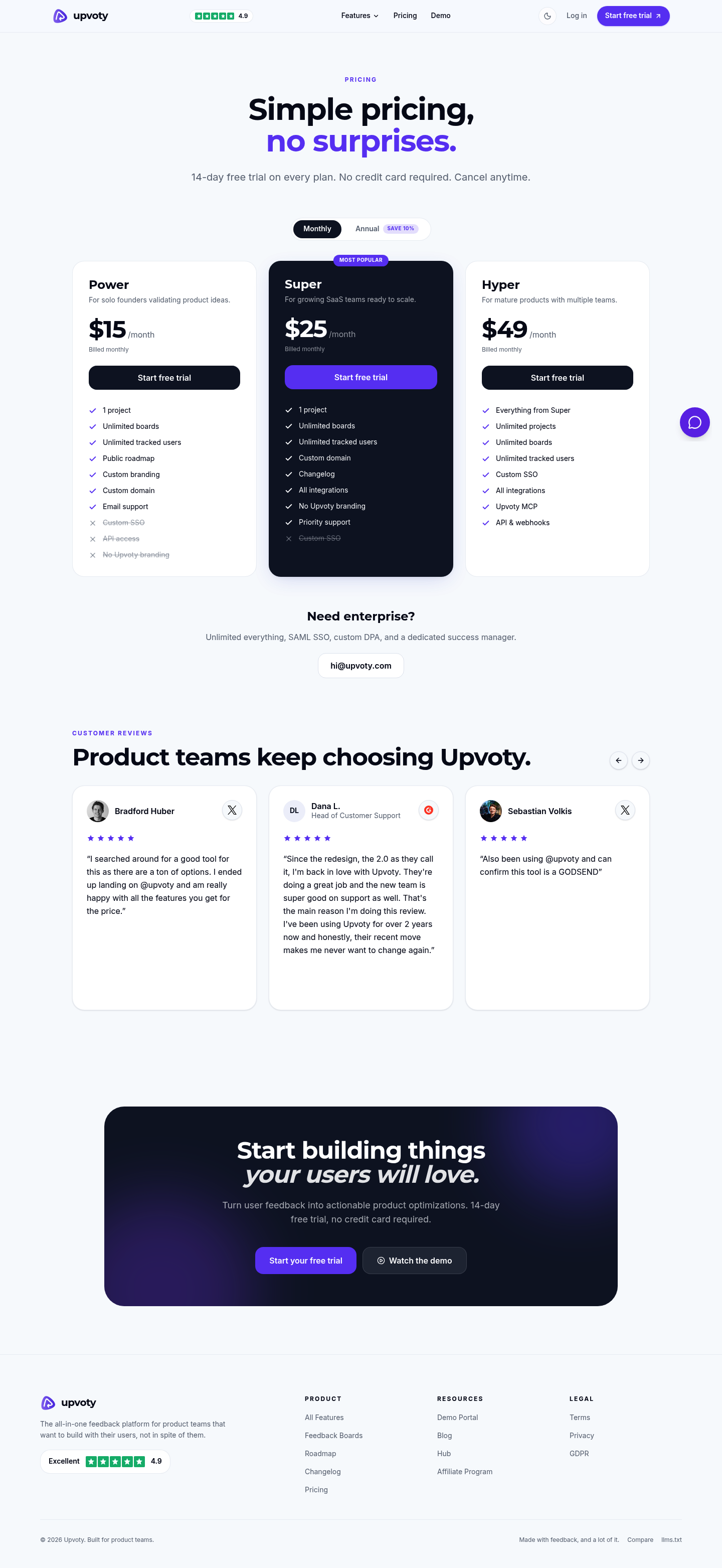 Screenshot of Upvoty's pricing page showing its plans and prices