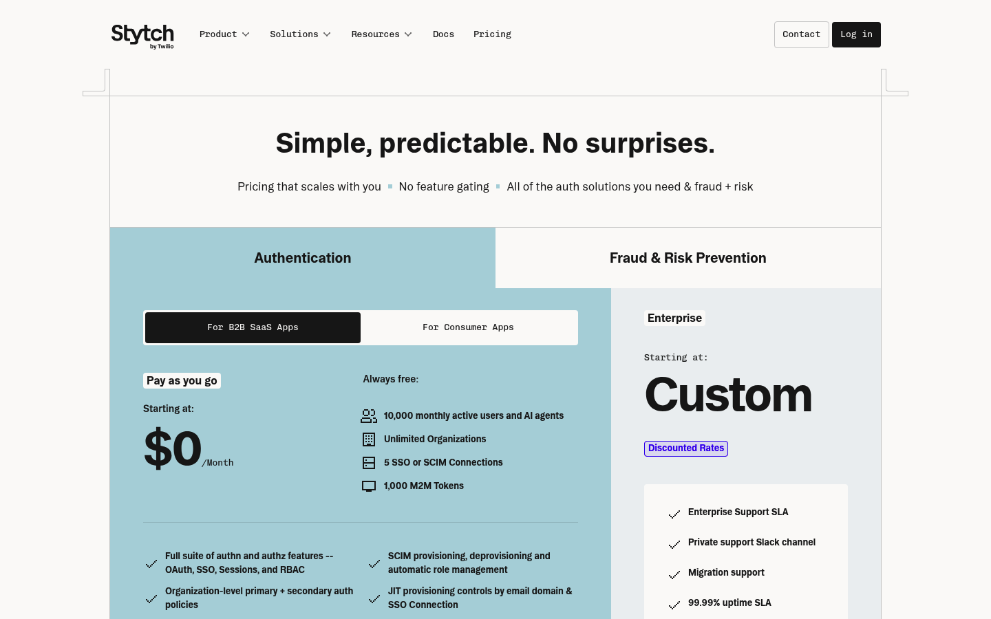 Screenshot of Stytch's pricing page showing its plans and prices