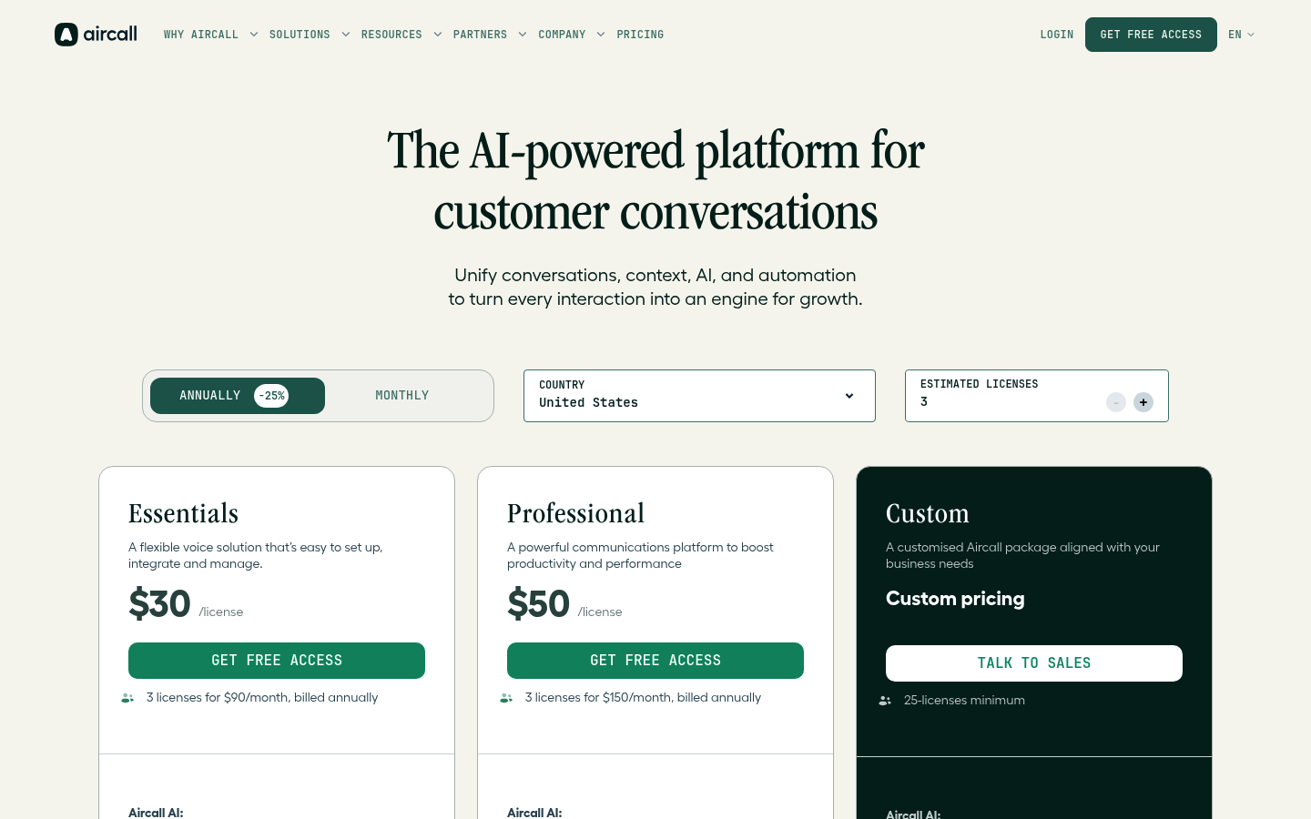 Screenshot of Aircall's pricing page showing its plans and prices