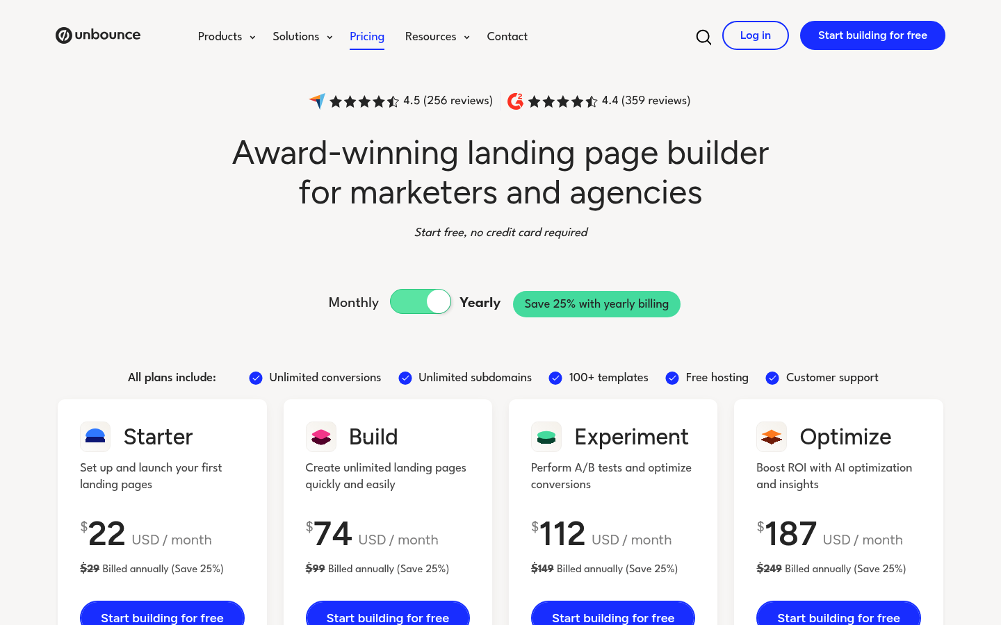 Screenshot of Unbounce's pricing page showing its plans and prices
