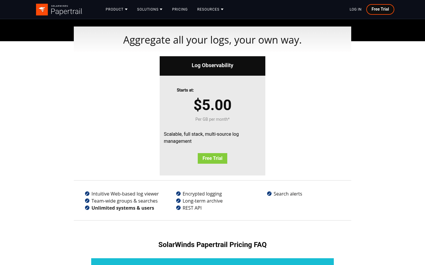 Screenshot of Papertrail's pricing page showing its plans and prices