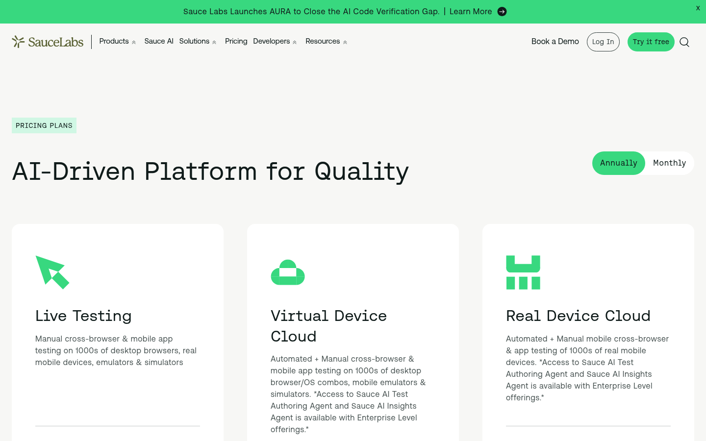 Screenshot of Sauce Labs's pricing page showing its plans and prices