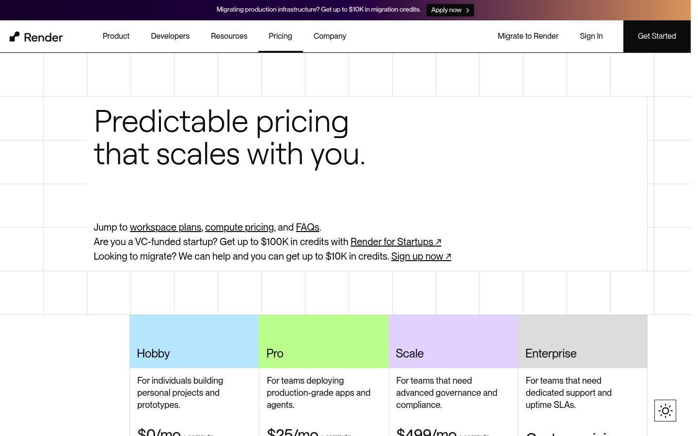Screenshot of Render's pricing page showing its plans and prices