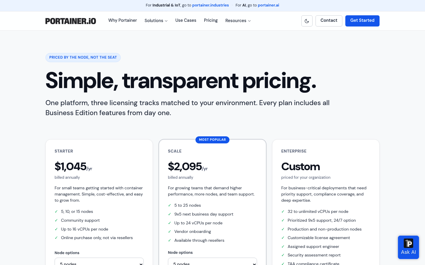 Screenshot of Portainer's pricing page showing its plans and prices