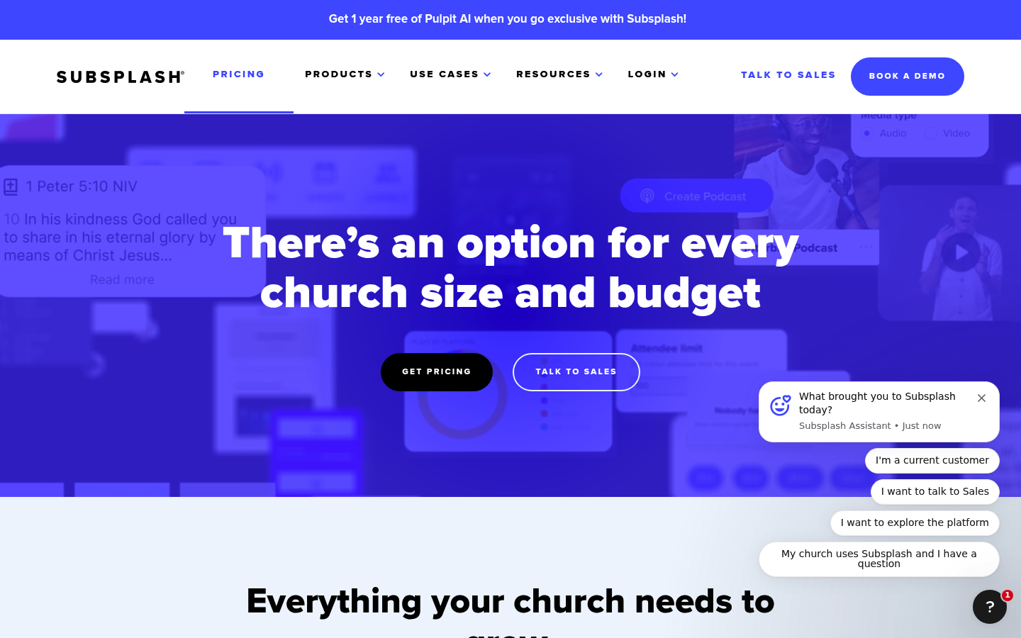 Screenshot of Subsplash's pricing page showing its plans and prices