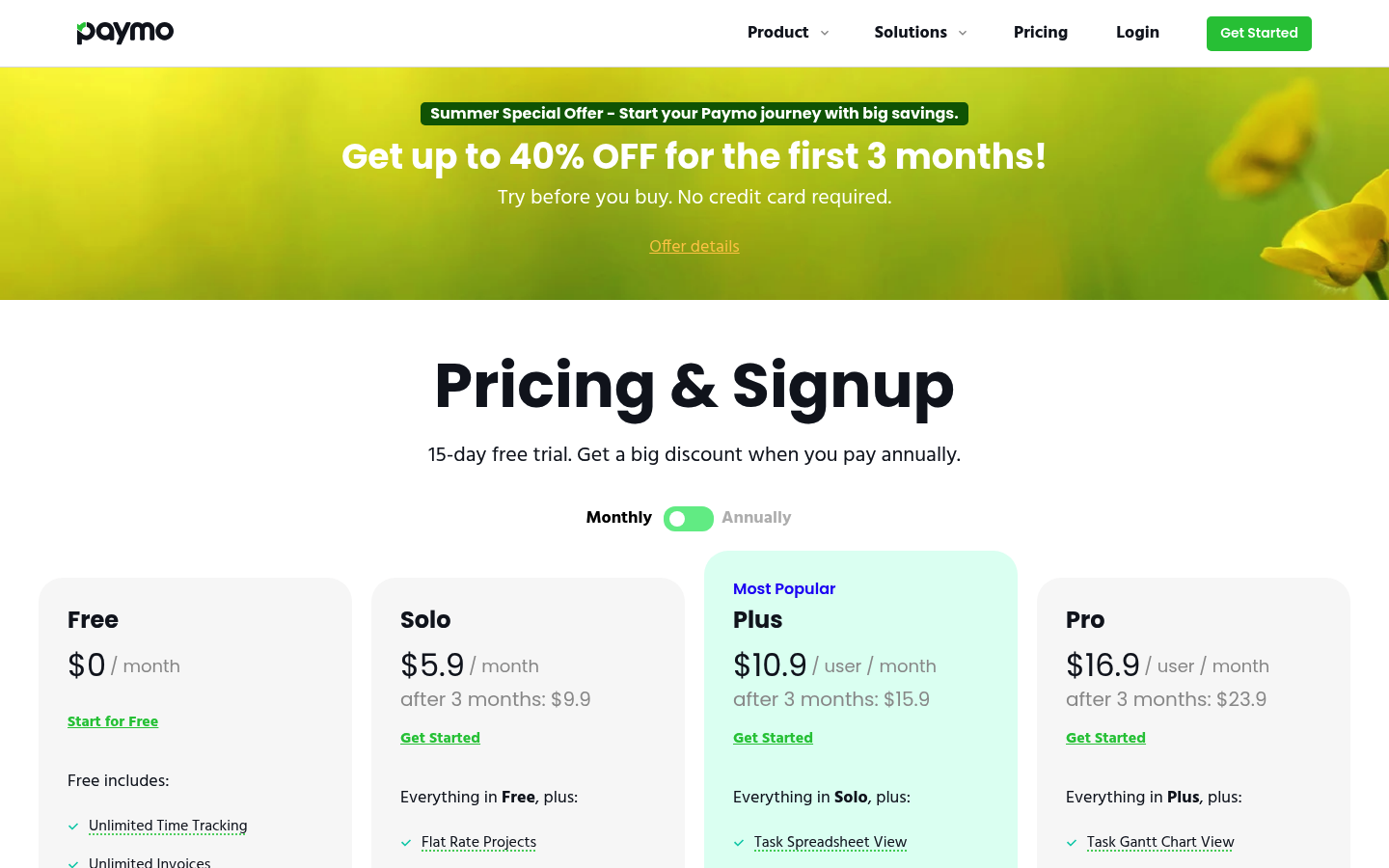 Screenshot of Paymo's pricing page showing its plans and prices