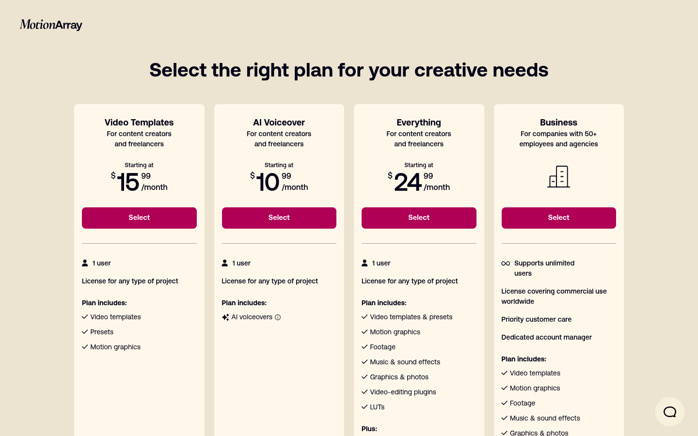 Screenshot of Motion Array's pricing page showing its plans and prices