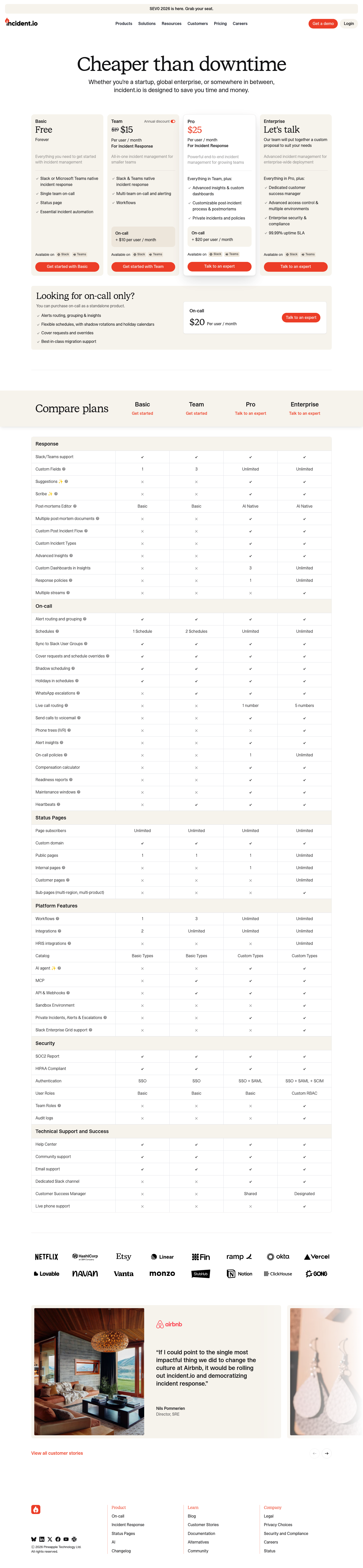 Screenshot of incident.io's pricing page showing its plans and prices