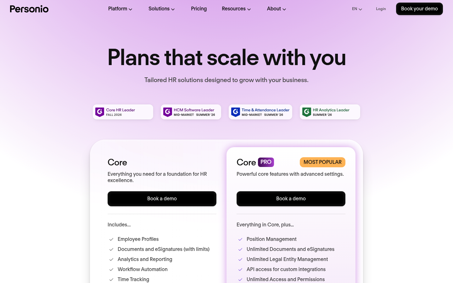 Screenshot of Personio's pricing page showing its plans and prices