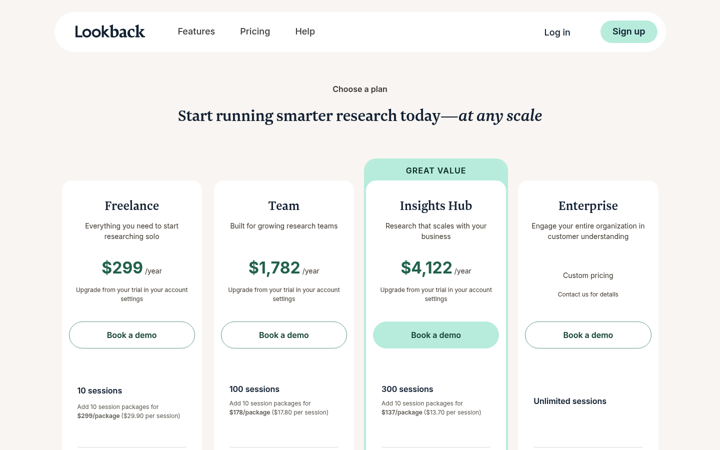 Screenshot of Lookback's pricing page showing its plans and prices