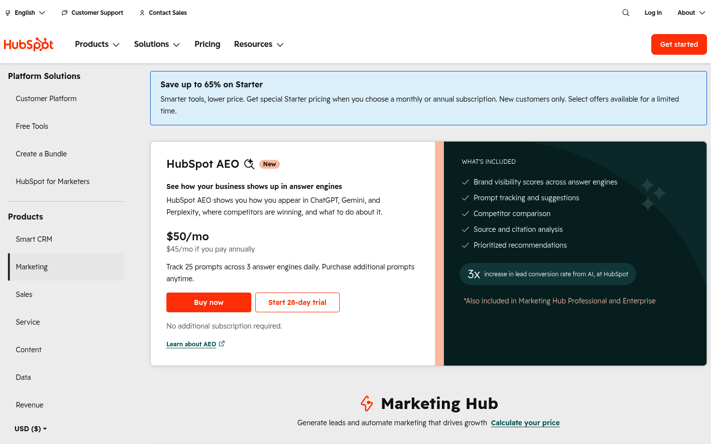 Screenshot of HubSpot's pricing page showing its plans and prices