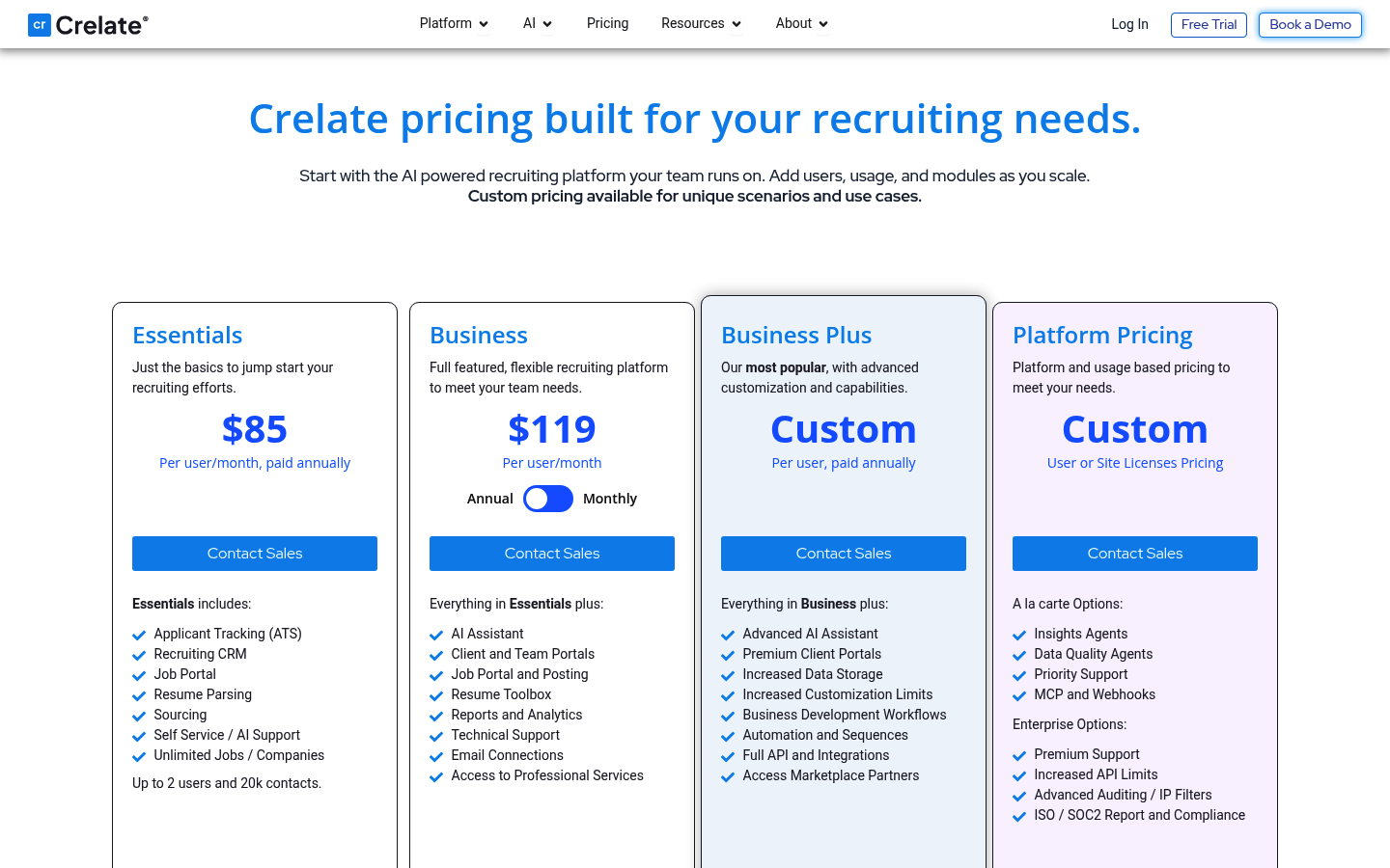 Screenshot of Crelate's pricing page showing its plans and prices