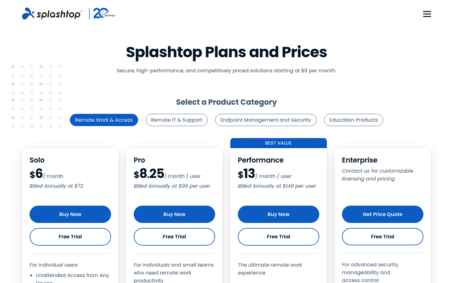 Screenshot of Splashtop's pricing page showing its plans and prices