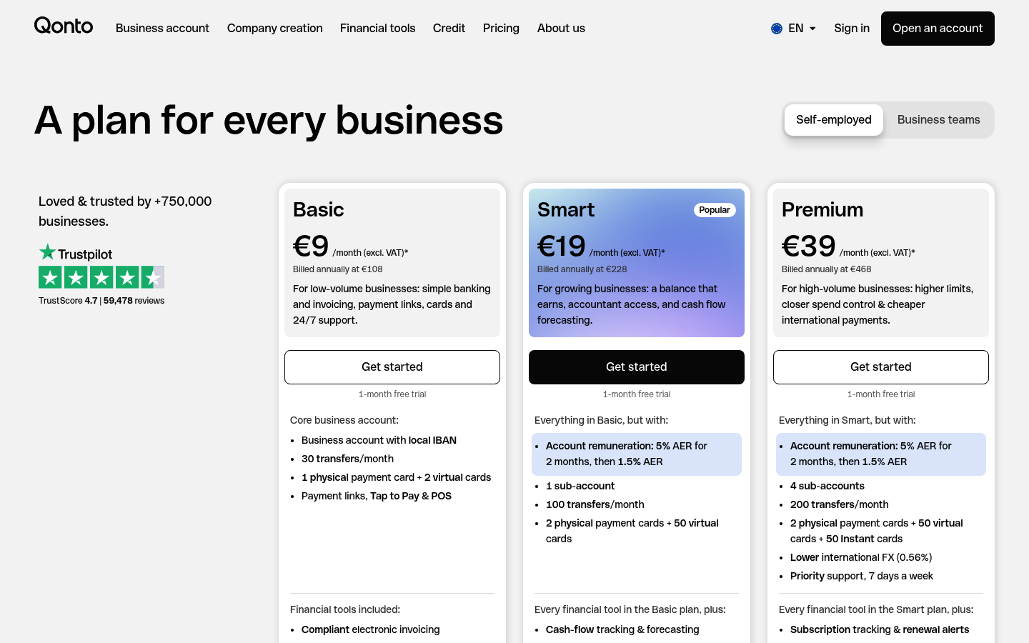 Screenshot of Qonto's pricing page showing its plans and prices