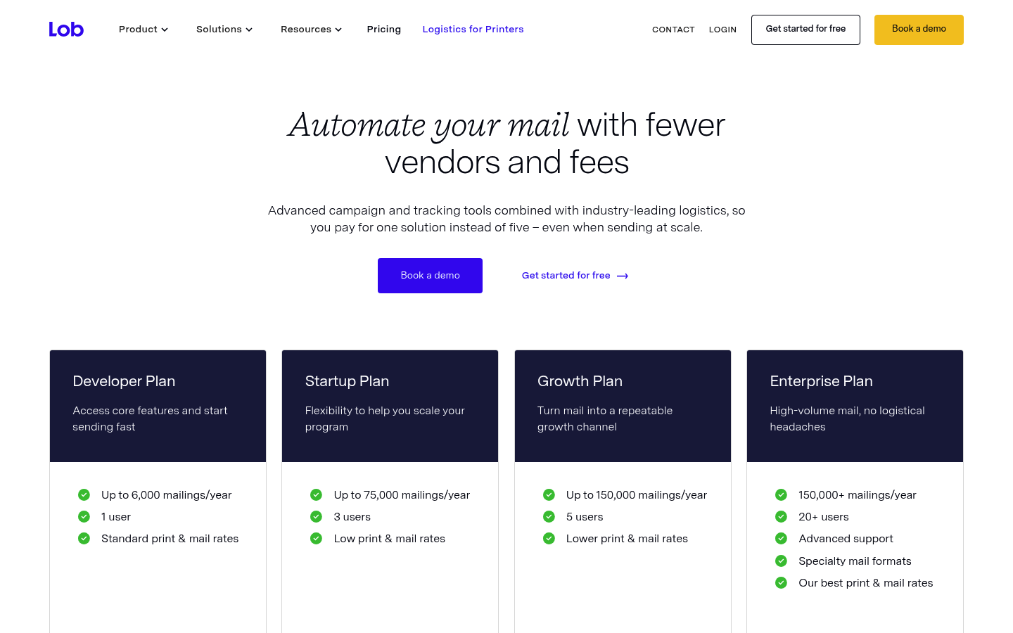 Screenshot of Lob's pricing page showing its plans and prices