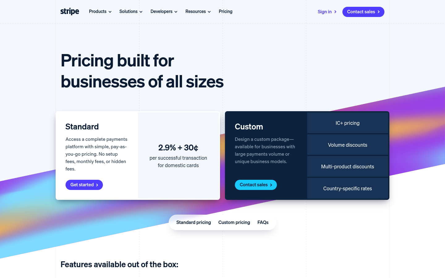 Screenshot of Stripe's pricing page showing its plans and prices