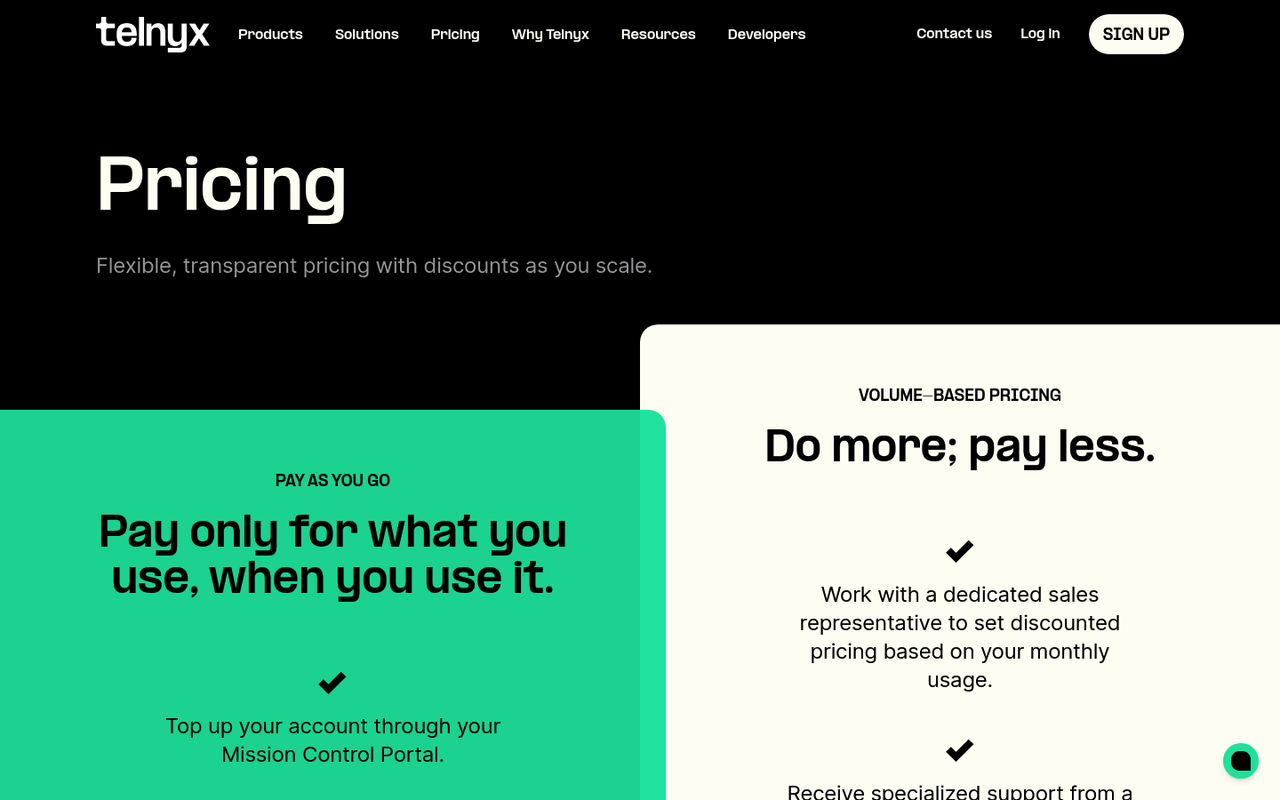 Screenshot of Telnyx's pricing page showing its plans and prices
