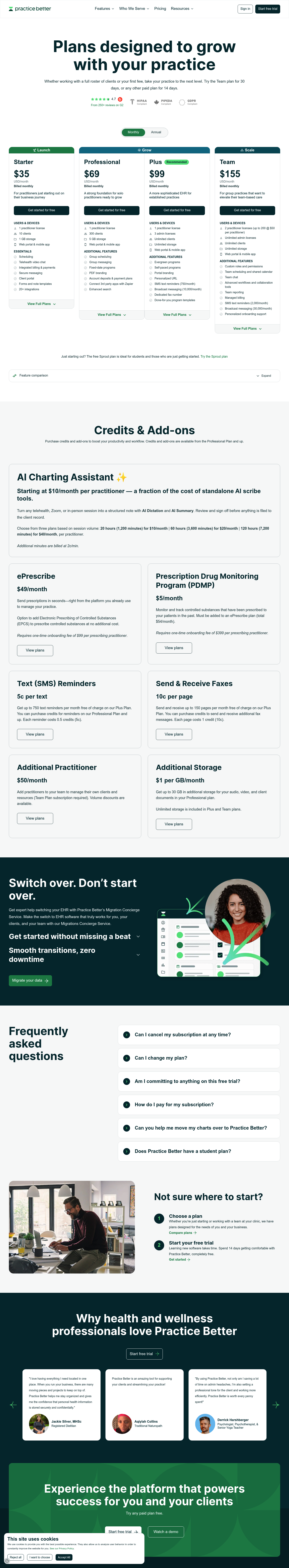 Screenshot of Practice Better's pricing page showing its plans and prices