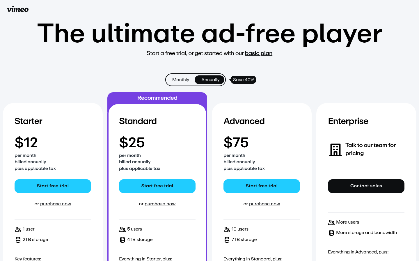 Screenshot of Vimeo's pricing page showing its plans and prices