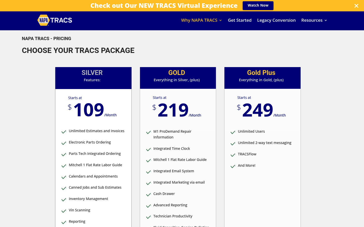 Screenshot of NAPA TRACS's pricing page showing its plans and prices