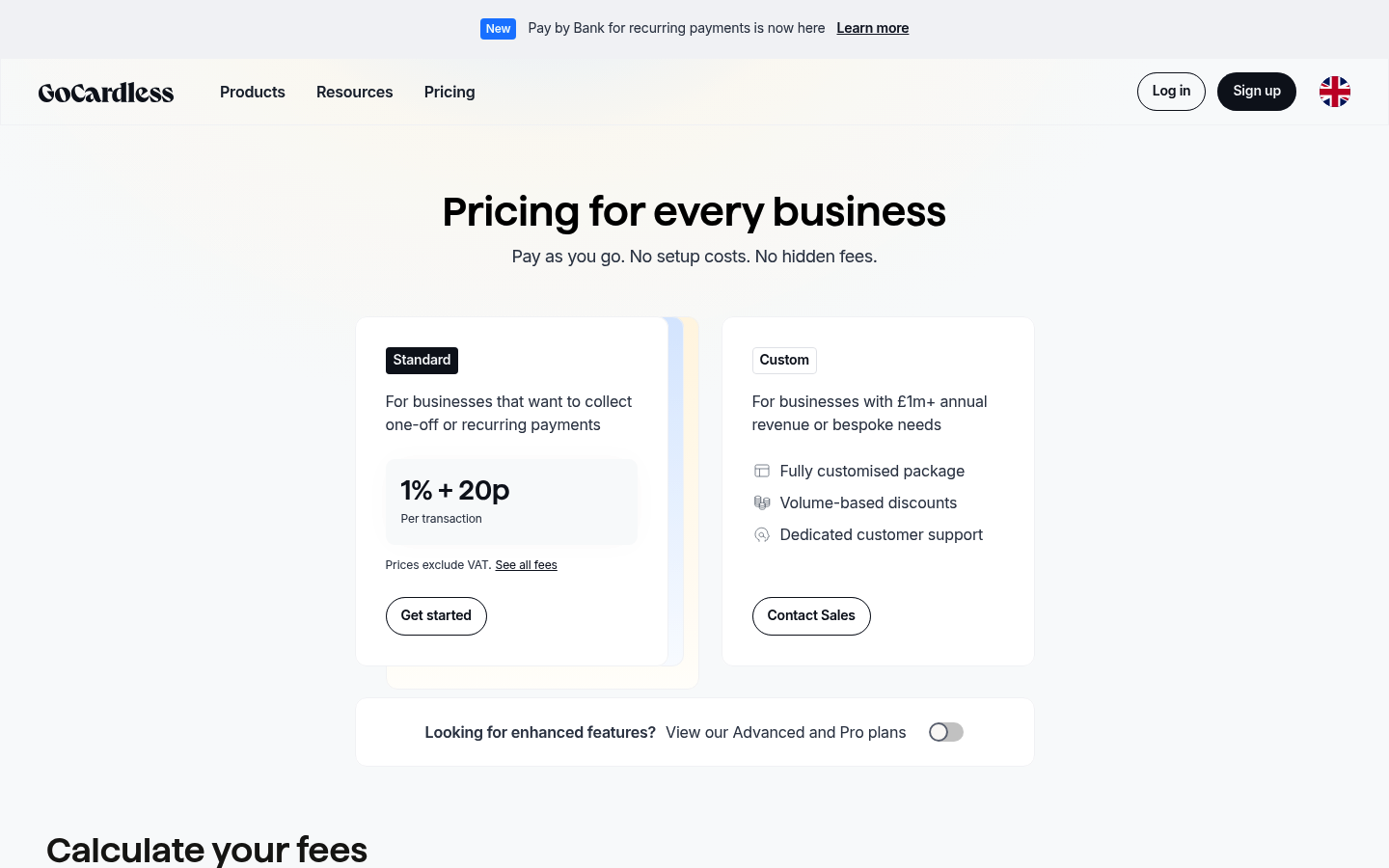 Screenshot of GoCardless's pricing page showing its plans and prices