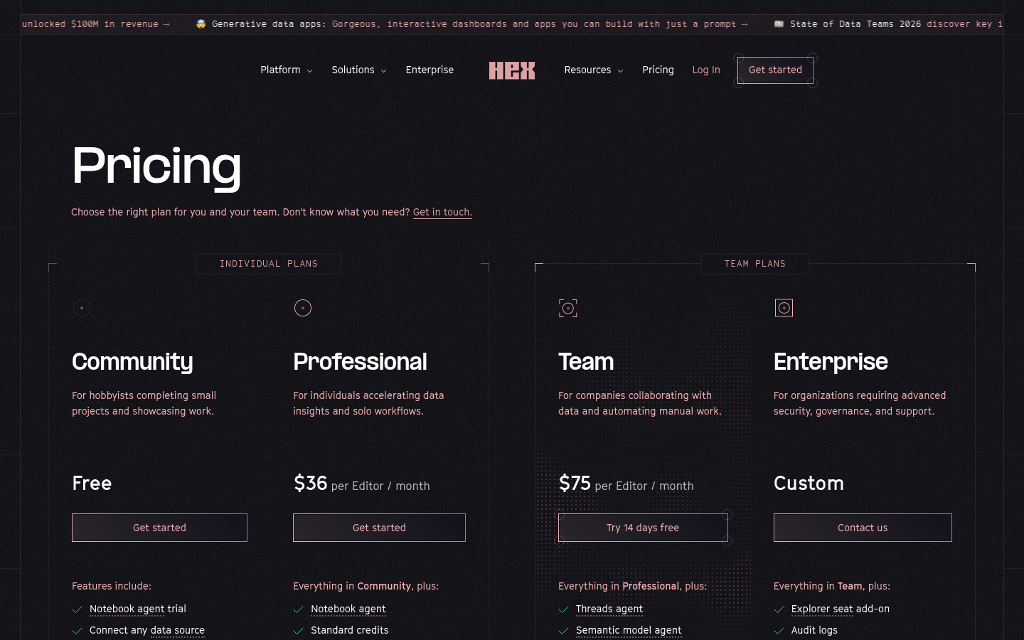Screenshot of Hex's pricing page showing its plans and prices