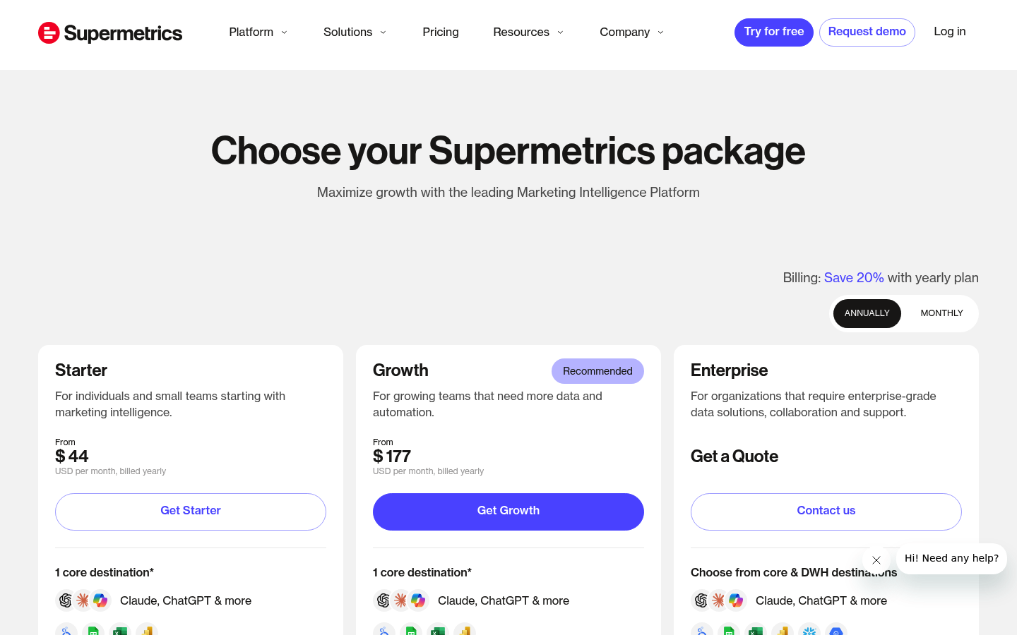 Screenshot of Supermetrics's pricing page showing its plans and prices