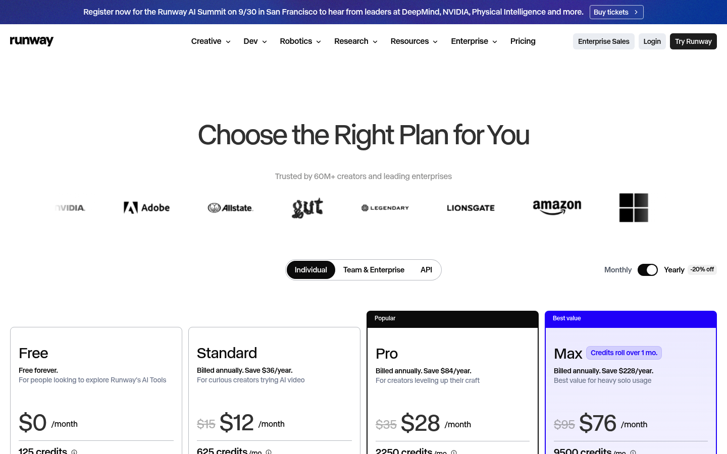 Screenshot of Runway's pricing page showing its plans and prices