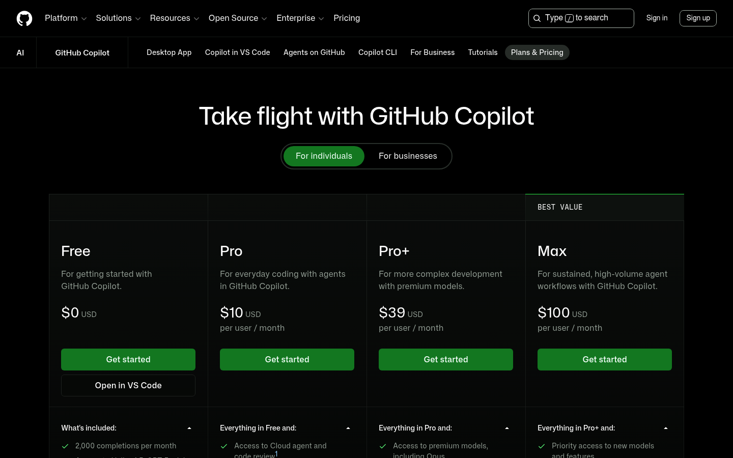 Screenshot of GitHub Copilot's pricing page showing its plans and prices