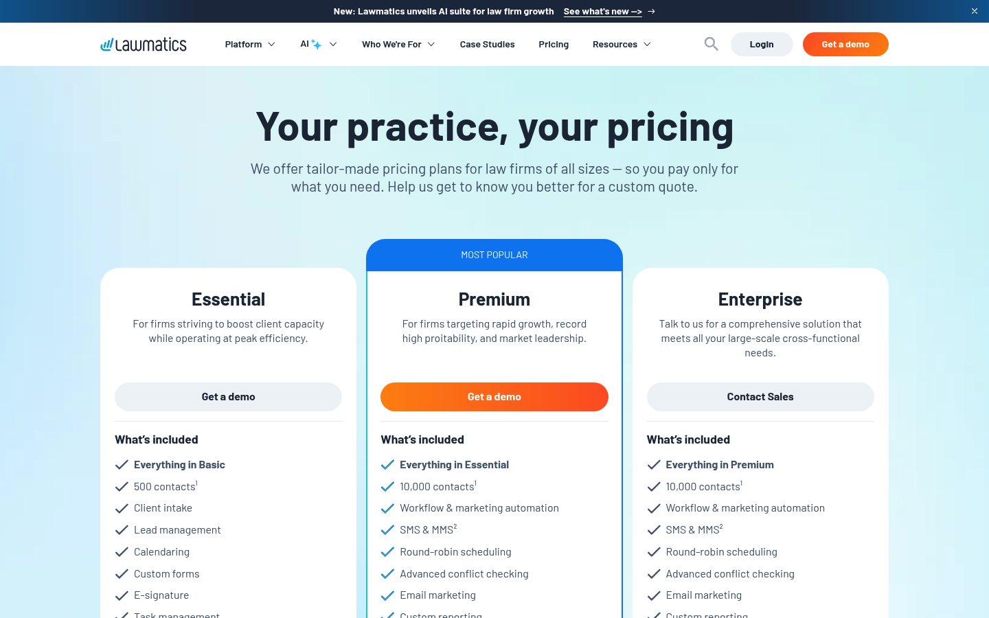 Screenshot of Lawmatics's pricing page showing its plans and prices