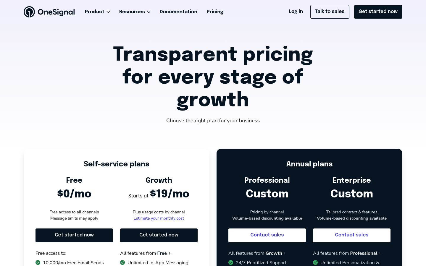 Screenshot of OneSignal's pricing page showing its plans and prices