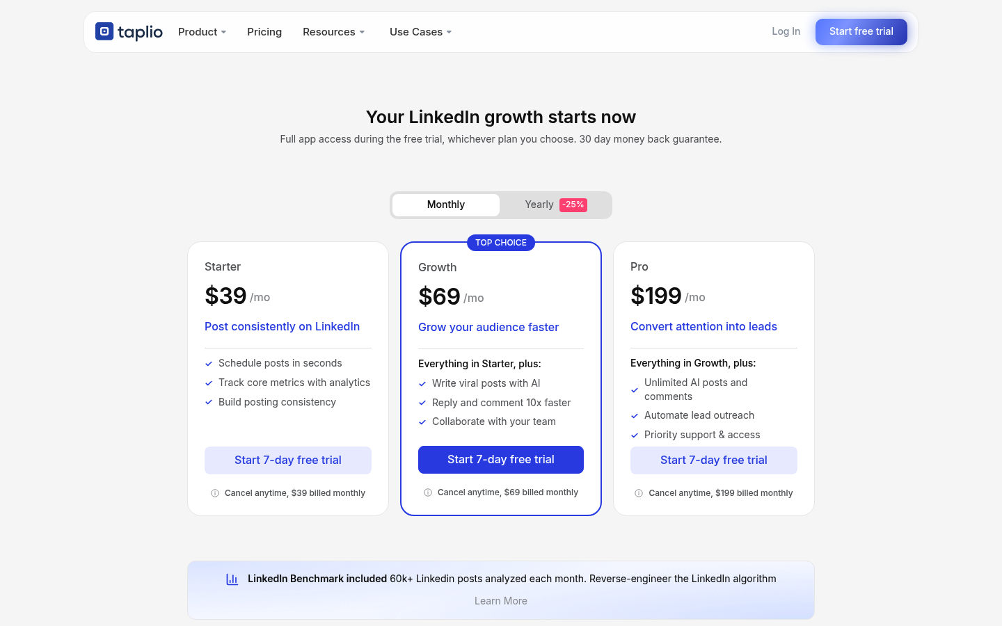 Screenshot of Taplio's pricing page showing its plans and prices