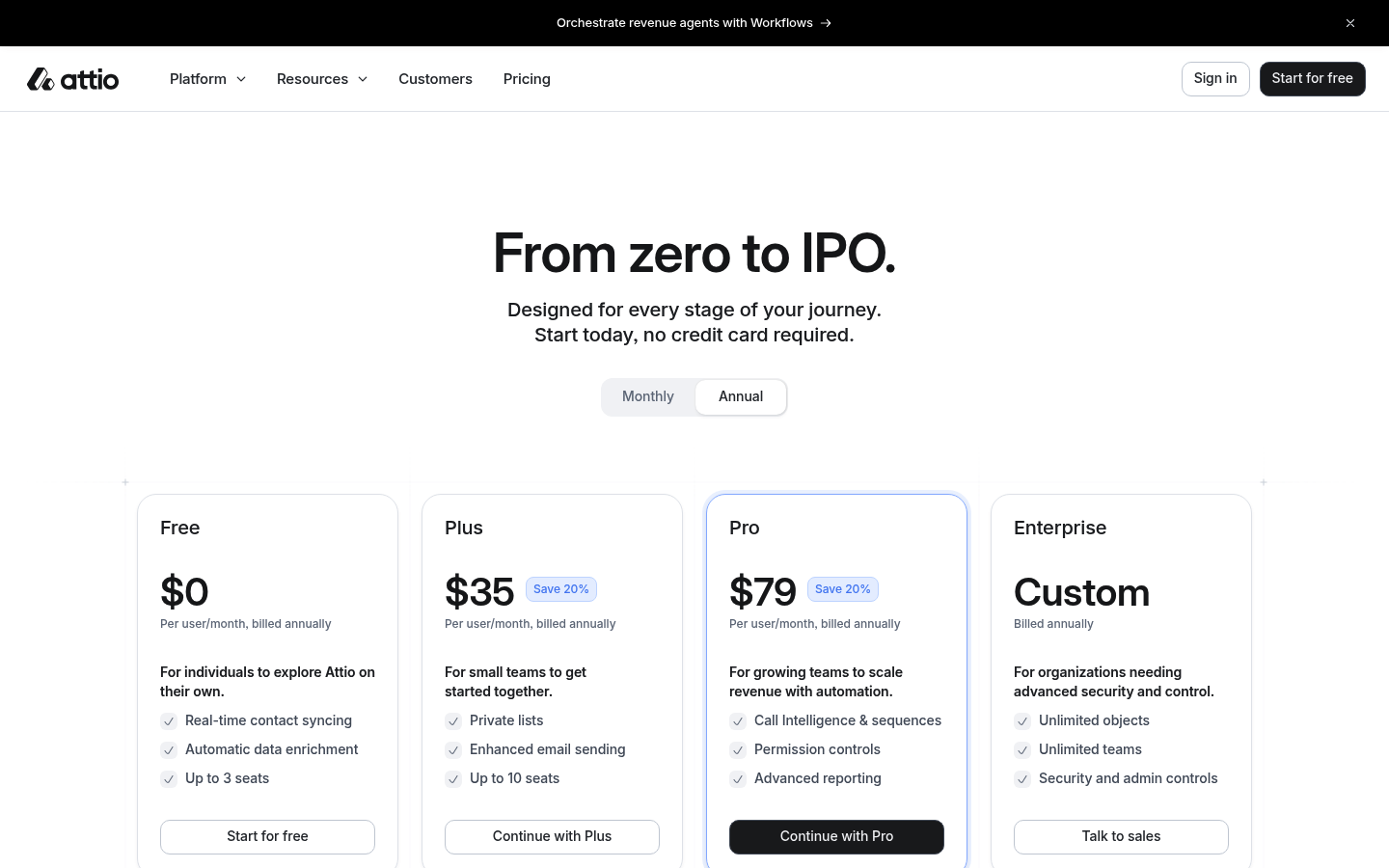 Screenshot of Attio's pricing page showing its plans and prices