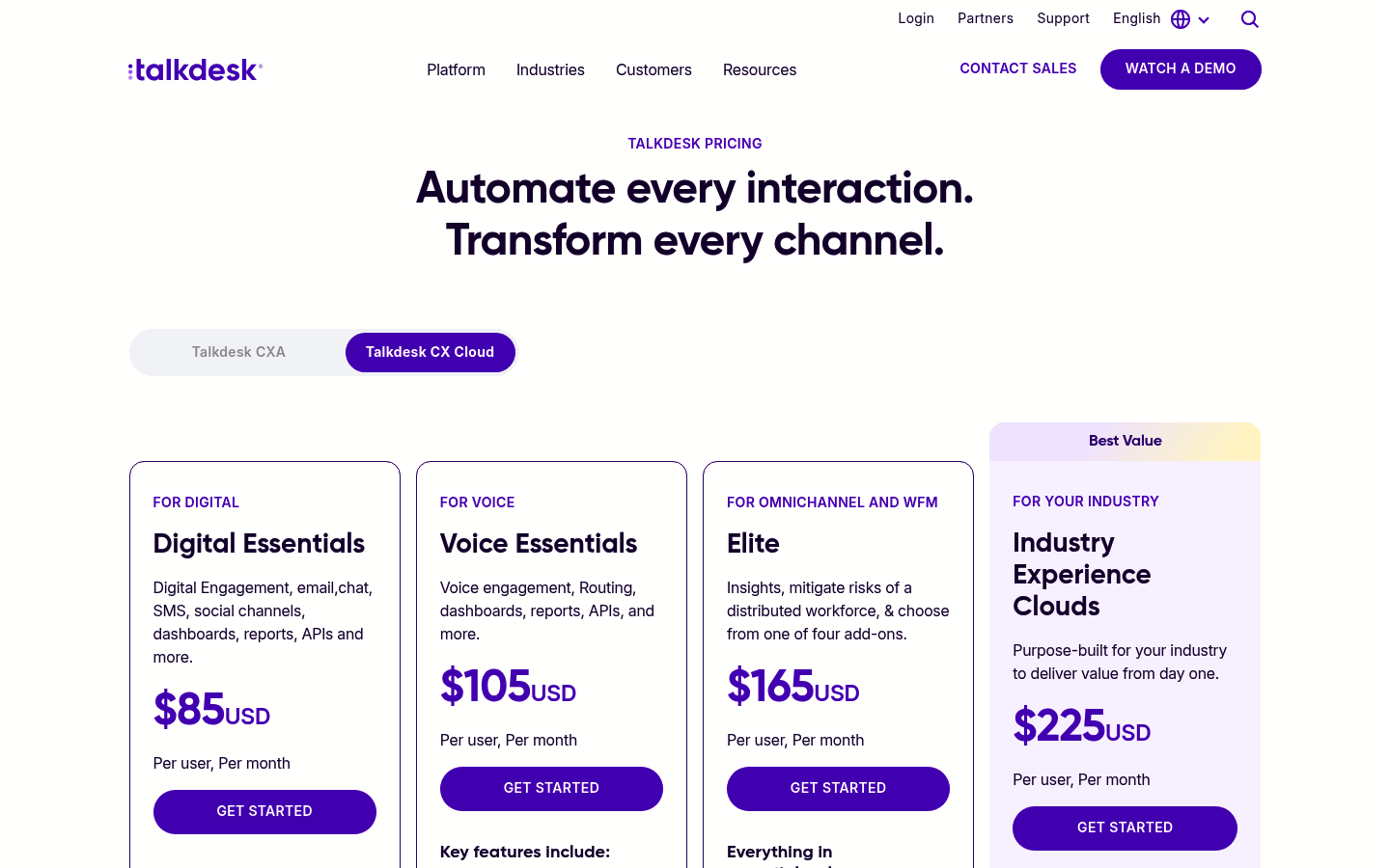 Screenshot of Talkdesk's pricing page showing its plans and prices