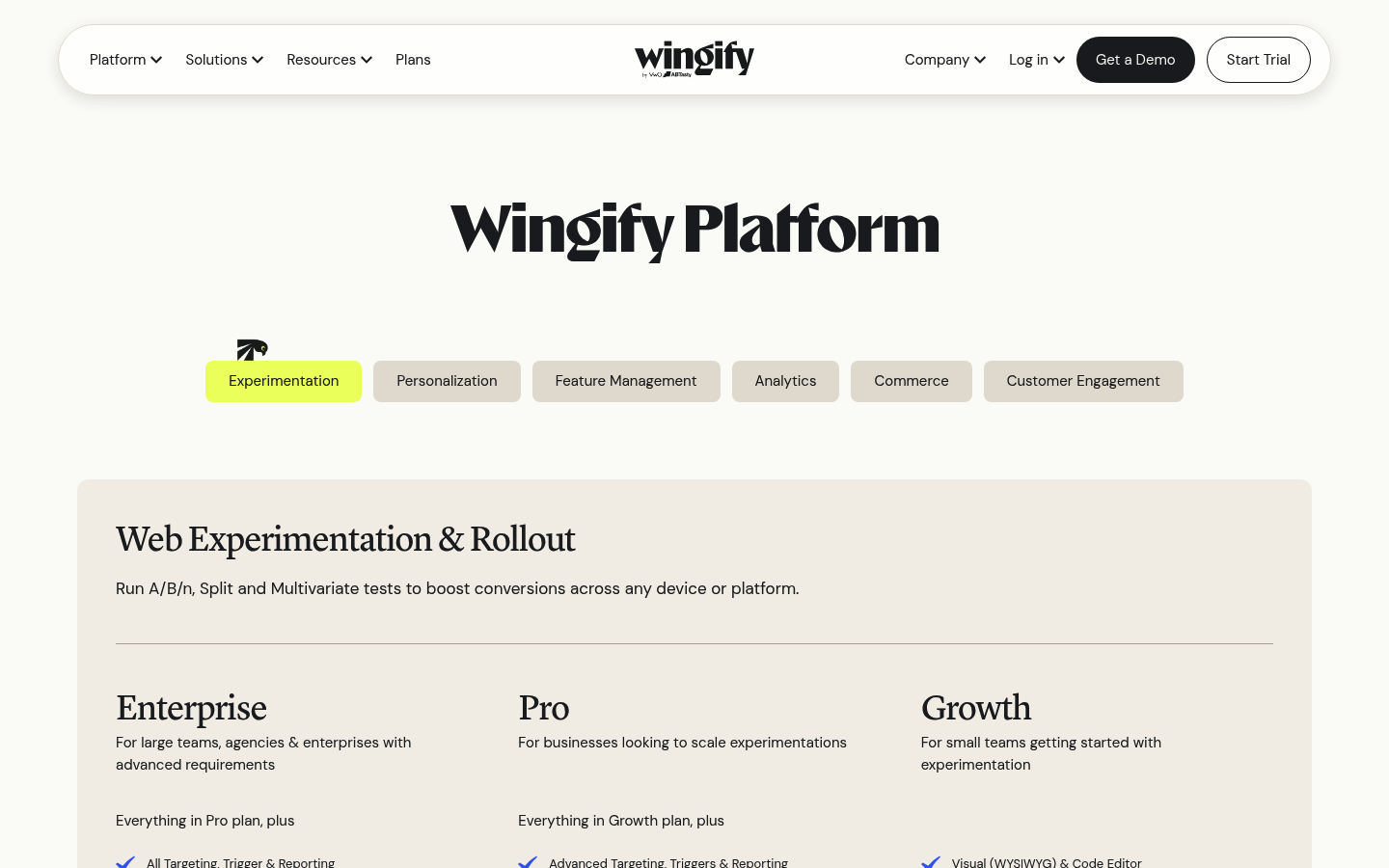 Screenshot of VWO's pricing page showing its plans and prices