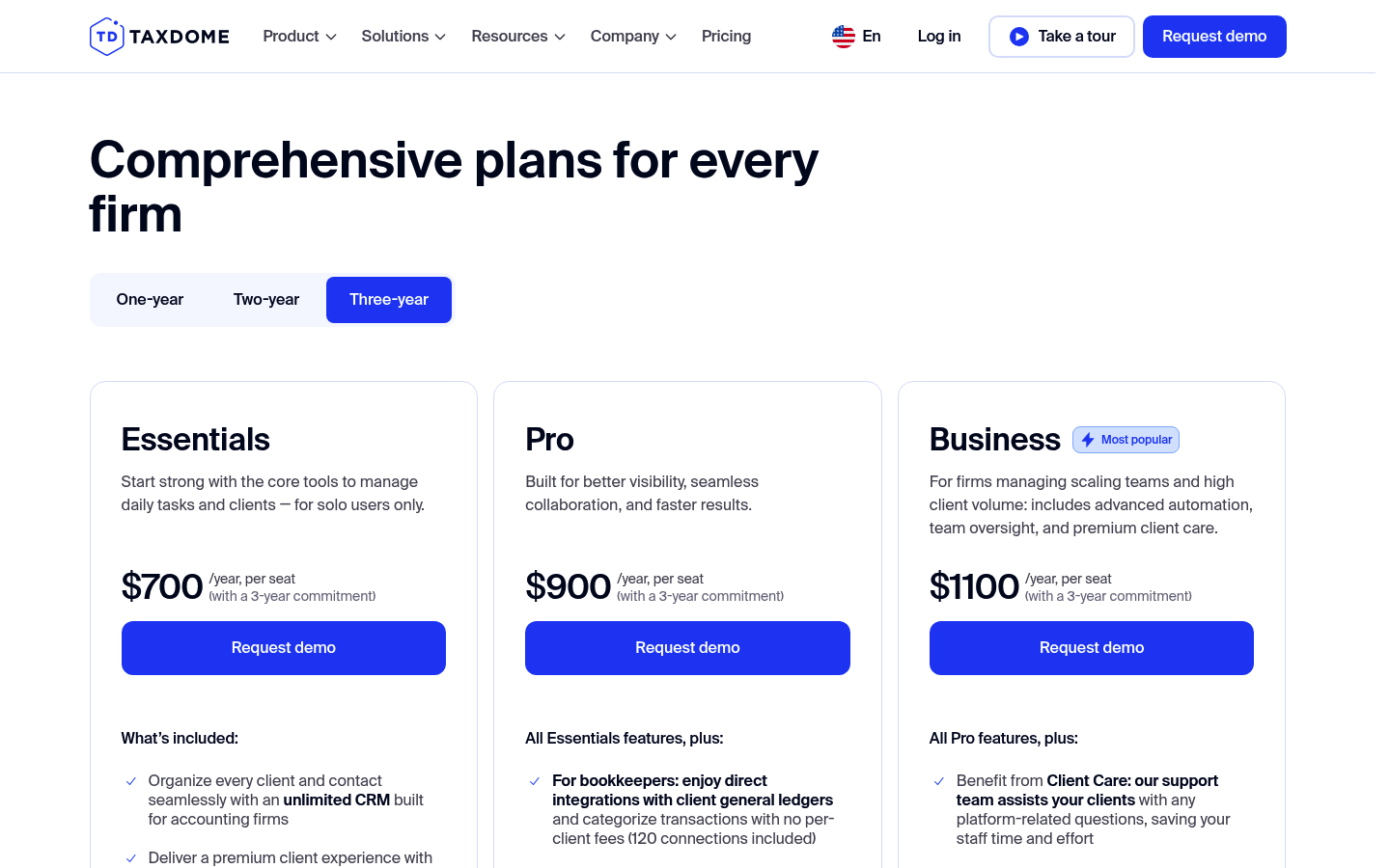 Screenshot of TaxDome's pricing page showing its plans and prices