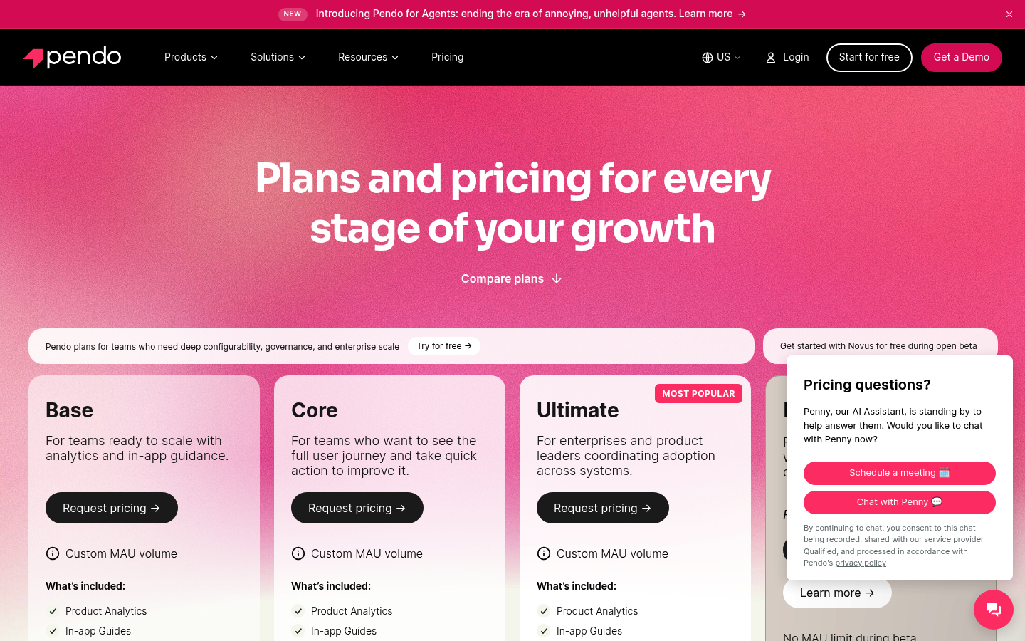 Screenshot of Pendo's pricing page showing its plans and prices