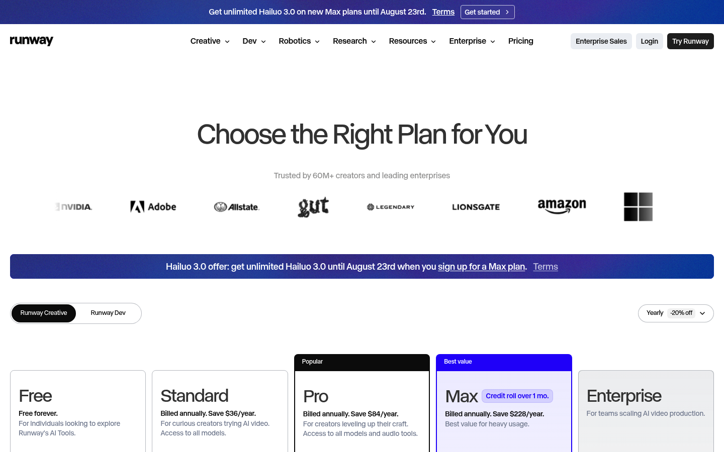 Screenshot of Runway's pricing page showing its plans and prices