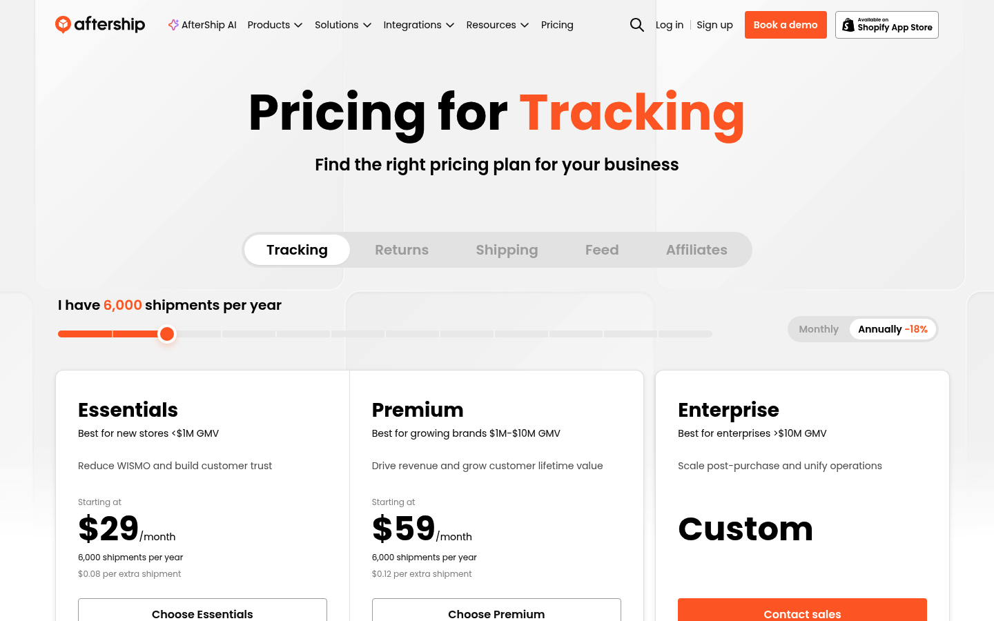 Screenshot of AfterShip's pricing page showing its plans and prices
