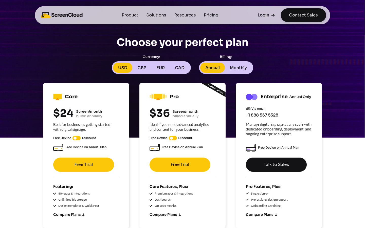Screenshot of ScreenCloud's pricing page showing its plans and prices