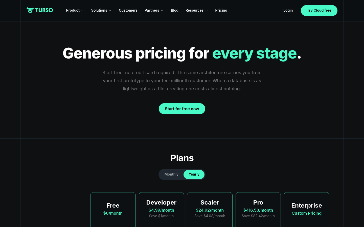 Screenshot of Turso's pricing page showing its plans and prices
