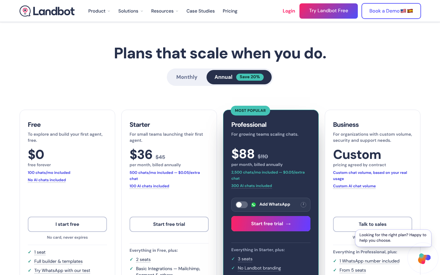 Screenshot of Landbot's pricing page showing its plans and prices