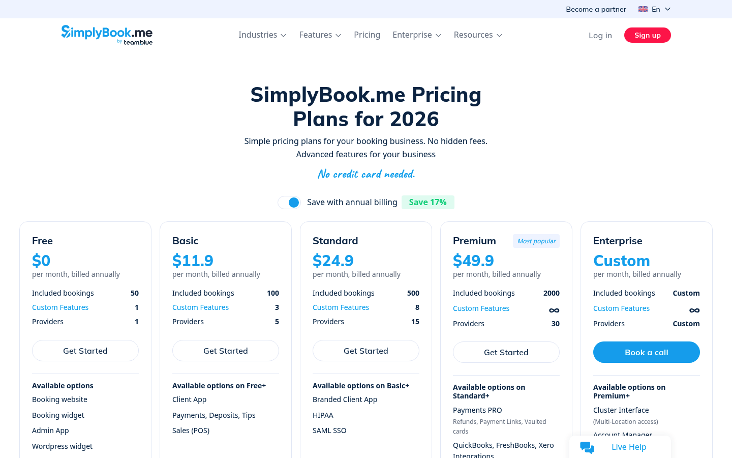 Screenshot of SimplyBook.me's pricing page showing its plans and prices