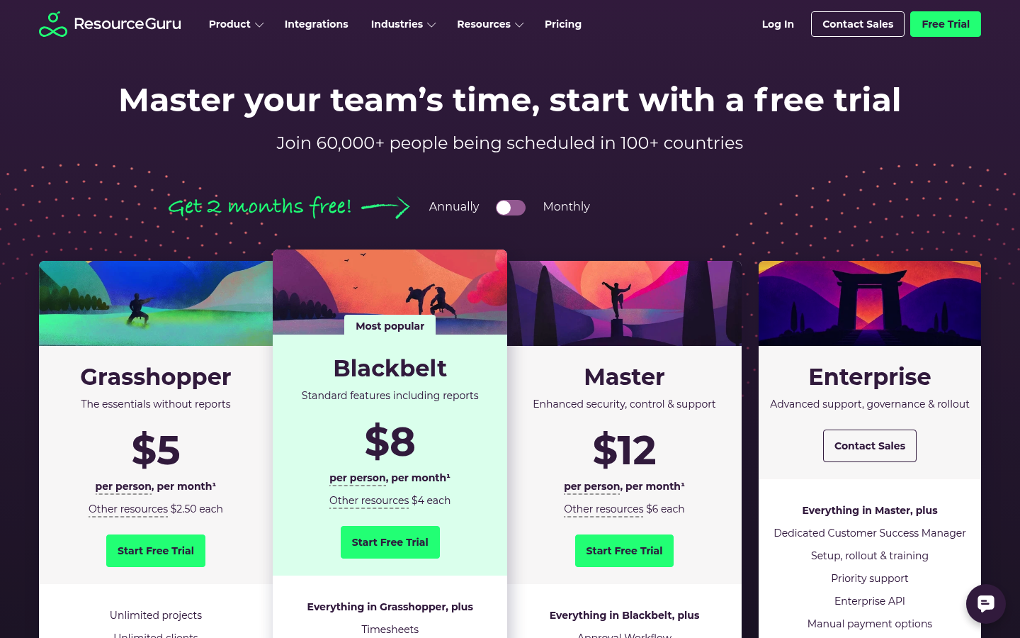 Screenshot of Resource Guru's pricing page showing its plans and prices