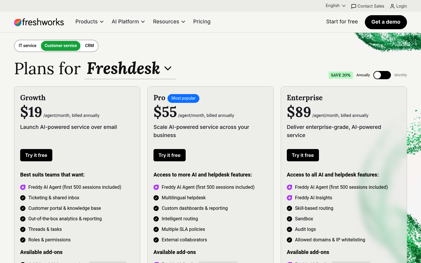 Screenshot of Freshdesk's pricing page showing its plans and prices